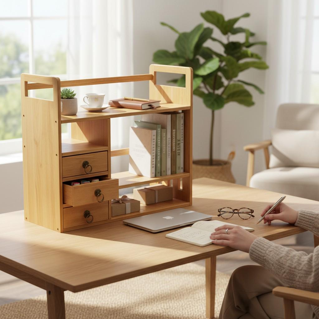 Bamboo Desktop Organizer Shelf With Drawers – Wooden Office Storage ...