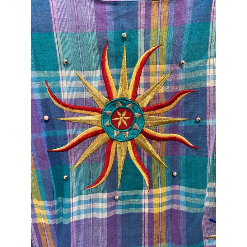 Adam Douglass Adrianna Papell Vintage Plaid Sunburst Embroidered Dress Teal 12 image 2