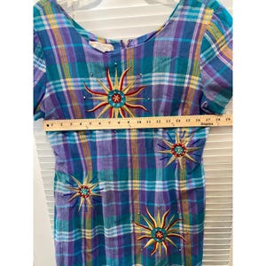 Adam Douglass Adrianna Papell Vintage Plaid Sunburst Embroidered Dress Teal 12 image 7