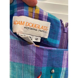 Adam Douglass Adrianna Papell Vintage Plaid Sunburst Embroidered Dress Teal 12 image 5