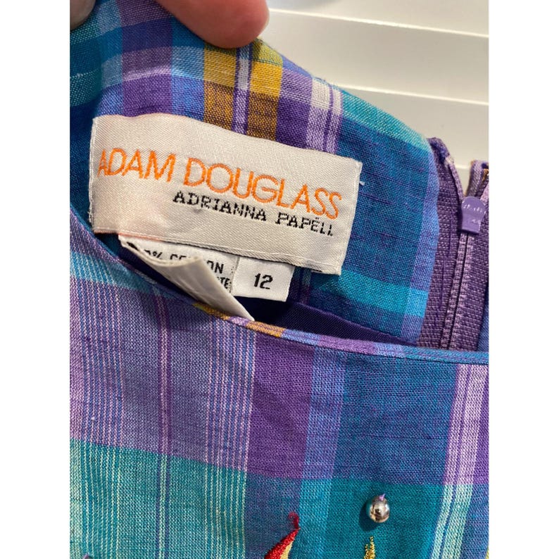 Adam Douglass Adrianna Papell Vintage Plaid Sunburst Embroidered Dress Teal 12 image 5