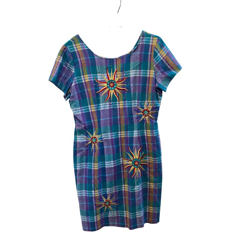 Adam Douglass Adrianna Papell Vintage Plaid Sunburst Embroidered Dress Teal 12 image 1