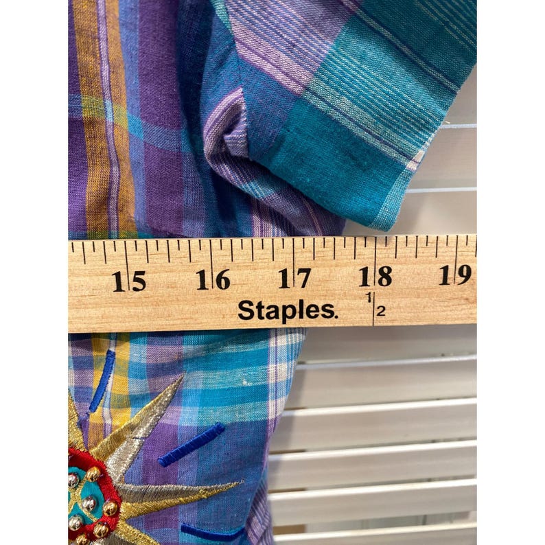 Adam Douglass Adrianna Papell Vintage Plaid Sunburst Embroidered Dress Teal 12 image 8