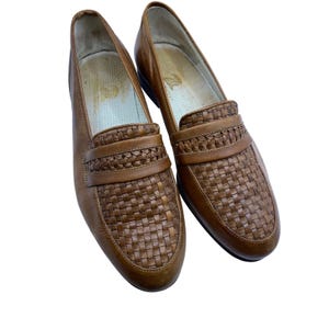Vintage Woven Leather Penny Loafers Men\'s 9.5 D Made in Italy Taupe Shoes Moreschi Brown Penny Woven Leather Loafers Made In Italy  main image 2
