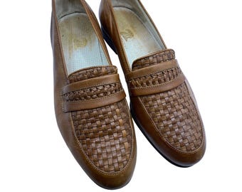 Vintage 80s Neiman Marcus Mens Woven Leather Penny Loafers Tan Italy Sz 9.5