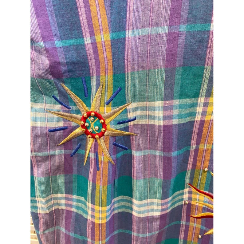 Adam Douglass Adrianna Papell Vintage Plaid Sunburst Embroidered Dress Teal 12 image 3