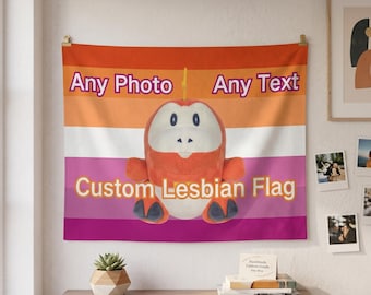 カスタムレズビアンプライドフラッグタペストリー、パーソナライズされた写真テキストロゴの壁掛け、LGBTプライドルームデコレーション、サンセットレズビアンフラッグギフト（彼女へのプレゼント）