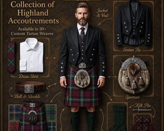 Conjunto de kilt escocés de 8 piezas: chaqueta Prince Charlie de tartán personalizado, chaleco, sporran y accesorios.