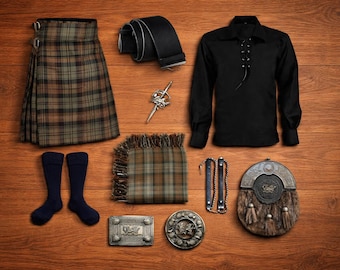 Traje tradicional escocés de las Tierras Altas para hombre, estilo Black Watch, con falda escocesa desgastada, ideal para bodas.