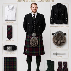 May include: A complete Highland outfit by HighlandRegimentCo featuring a white dress shirt, black Prince Charlie jacket and vest, tartan tie, leather belt with silver buckle, sporran, kilt with kilt pin, dark green hose socks, and tartan flashes.