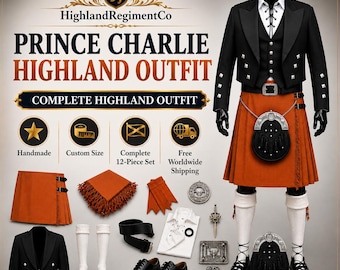 Traje escocês Príncipe Charlie | Conjunto de Kilt Highland Laranja | Pacote completo de Kilt para casamento | Feito à mão