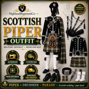 Scottish Piper Doublet Jacket, Highland Kilt Outfit, Military Dress Costume
