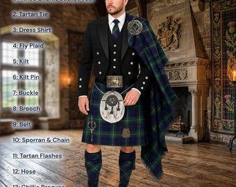 Completo da uomo con kilt Prince Charlie, abito scozzese da cerimonia in tartan, set di abiti formali Highland.