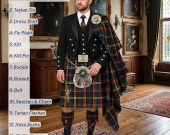 Traje tradicional escocés de tartán de las Tierras Altas: chaqueta, sporran, accesorios.
