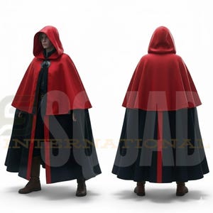 May include: A red hooded cloak with a black lower section and a red stripe down the back. The cloak is worn over a dark outfit and brown boots. The image shows the front and back of the cloak.