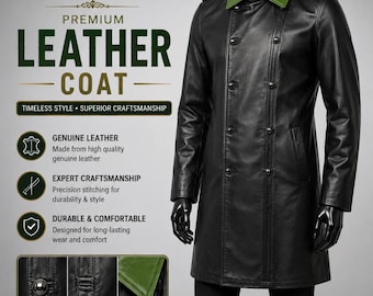 Abrigo largo de cuero genuino hecho a mano para hombre – Abrigo largo estilo militar negro / Chaqueta de cuero a medida