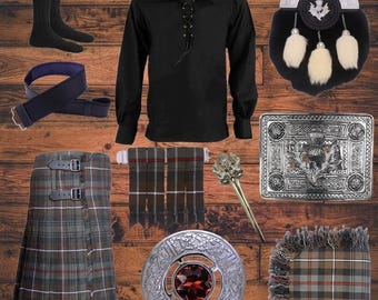 Completo da uomo in tartan Mackenzie effetto invecchiato - Abito scozzese completo da 10 pezzi con sporran a cardo antico