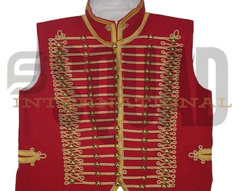 Red Ceremonial Hussar Waistcoat Military Style Gold Trim Costume Vest