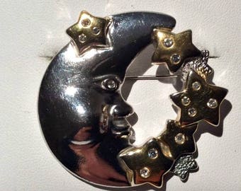 Vintage Gold and Silver-tone Moon and Stars Brooch