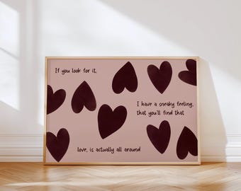 Love Actually Is All Around Print,Above Bed Poster, Mauve and Burgundy Hearts Poster, Digital Download