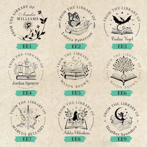 May include: Nine circular library stamps with various designs. Each stamp features the text "From the Library of" and a name. Designs include a flower, butterfly, dragon, books, tree, sword, cat, and fairy.