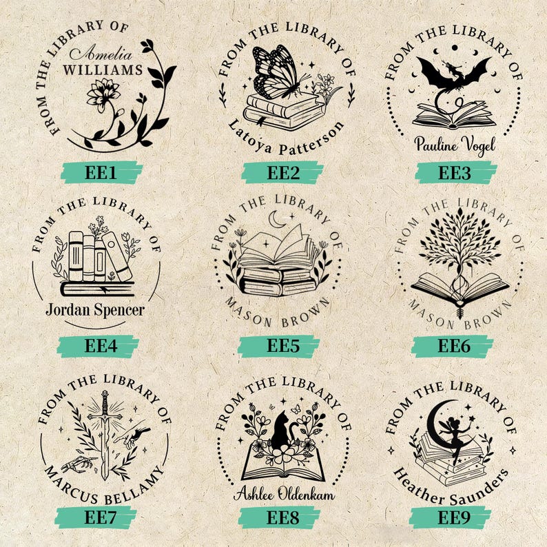 May include: Nine circular library stamps with various designs. Each stamp features the text "From the Library of" and a name. Designs include a flower, butterfly, dragon, books, tree, sword, cat, and fairy.