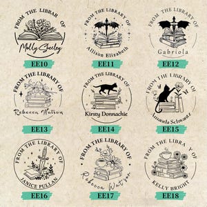 May include: A collection of nine circular library stamps with various designs. Each stamp features the text "From the Library of" and a name. Designs include books, flowers, cats, and a dagger.
