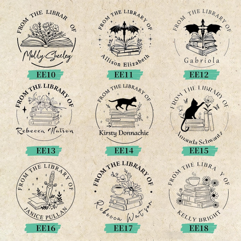 May include: A collection of nine circular library stamps with various designs. Each stamp features the text "From the Library of" and a name. Designs include books, flowers, cats, and a dagger.