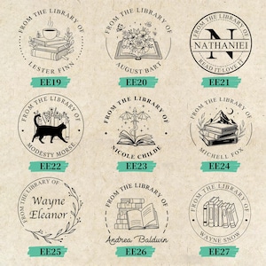 May include: A collection of nine circular library stamps with various designs. Each stamp features the phrase "From the Library of" and a name. Designs include books, a cat, a cup of coffee, and floral elements. The stamps are in black ink.