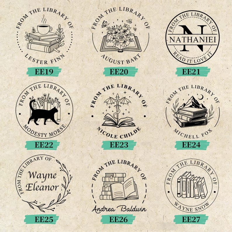 May include: A collection of nine circular library stamps with various designs. Each stamp features the phrase "From the Library of" and a name. Designs include books, a cat, a cup of coffee, and floral elements. The stamps are in black ink.