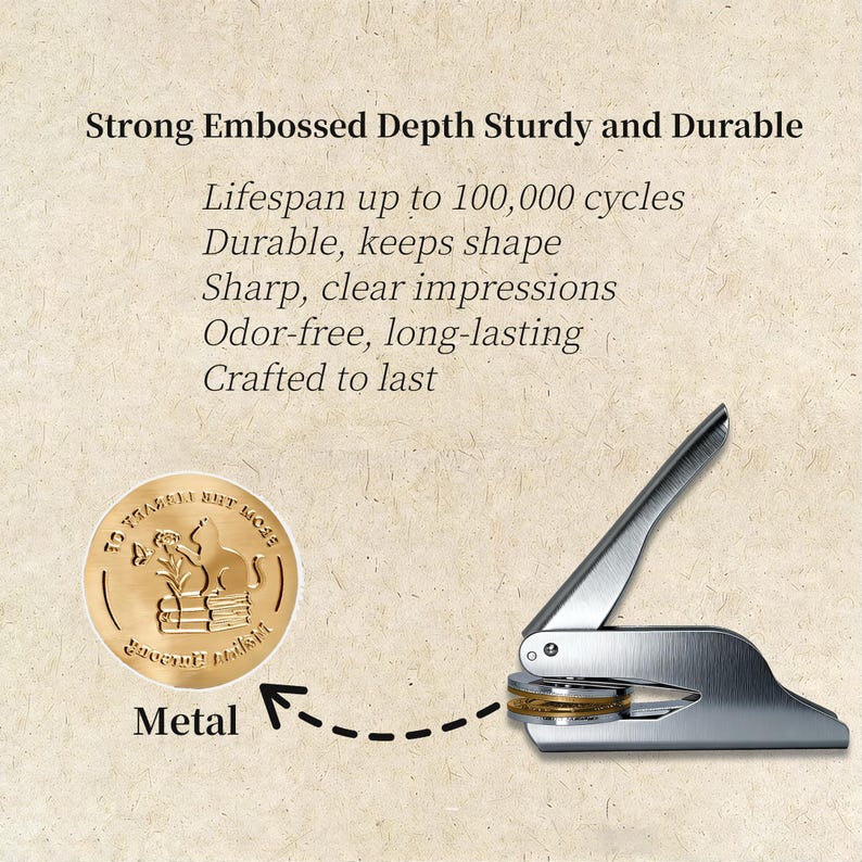 May include: A metal embosser with a gold-colored die and a silver handle. The die features a circular design with text and an illustration of a cat on books. Text on the image reads: "Strong Embossed Depth Sturdy and Durable".
