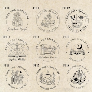 May include: A collection of nine circular library stamps with various designs. Each stamp features the text "FROM THE LIBRARY OF" and a name. Designs include books, plants, a cup, and a skeleton. The stamps are in black ink.