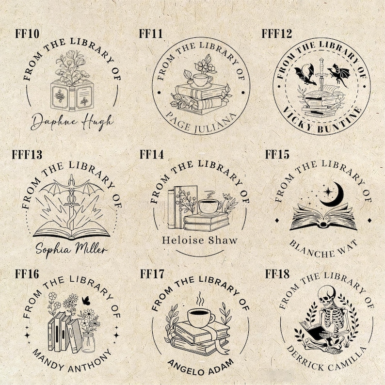 May include: A collection of nine circular library stamps with various designs. Each stamp features the text "FROM THE LIBRARY OF" and a name. Designs include books, plants, a cup, and a skeleton. The stamps are in black ink.
