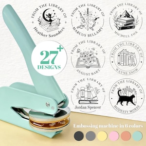 May include: A mint green embossing machine with a silver base, showcasing various circular designs with the text "From the Library of" and names. The image also displays the text "27 Designs" and a color palette.
