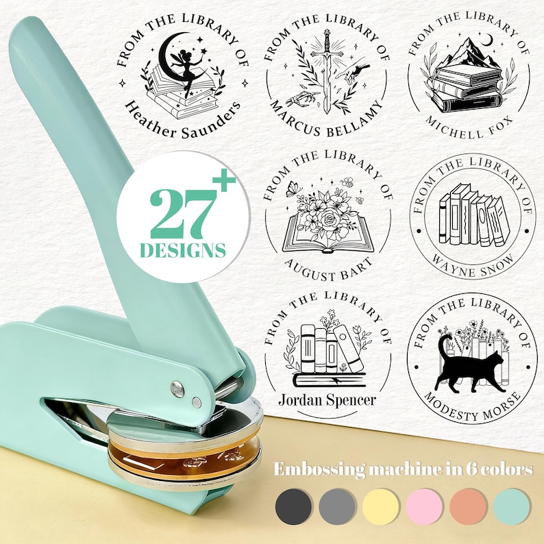 May include: A mint green embossing machine with a silver base, showcasing various circular designs with the text "From the Library of" and names. The image also displays the text "27 Designs" and a color palette.