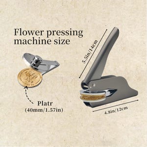 May include: A flower pressing machine with a silver and gray finish. The machine is 4.8 inches wide and 5.5 inches tall. The plate is 1.57 inches in diameter. The text "Flower pressing machine size" is visible.
