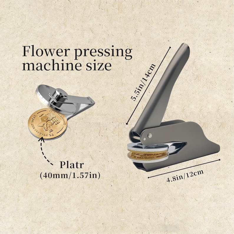 May include: A flower pressing machine with a silver and gray finish. The machine is 4.8 inches wide and 5.5 inches tall. The plate is 1.57 inches in diameter. The text "Flower pressing machine size" is visible.