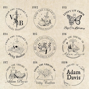 May include: A collection of nine circular library stamps with various designs. Each stamp features the phrase "From the Library of" and a name. Designs include a sword, skull, skeleton, butterfly, and open books.