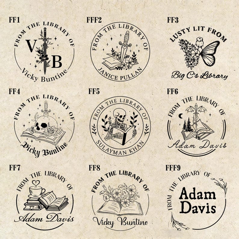 May include: A collection of nine circular library stamps with various designs. Each stamp features the phrase "From the Library of" and a name. Designs include a sword, skull, skeleton, butterfly, and open books.