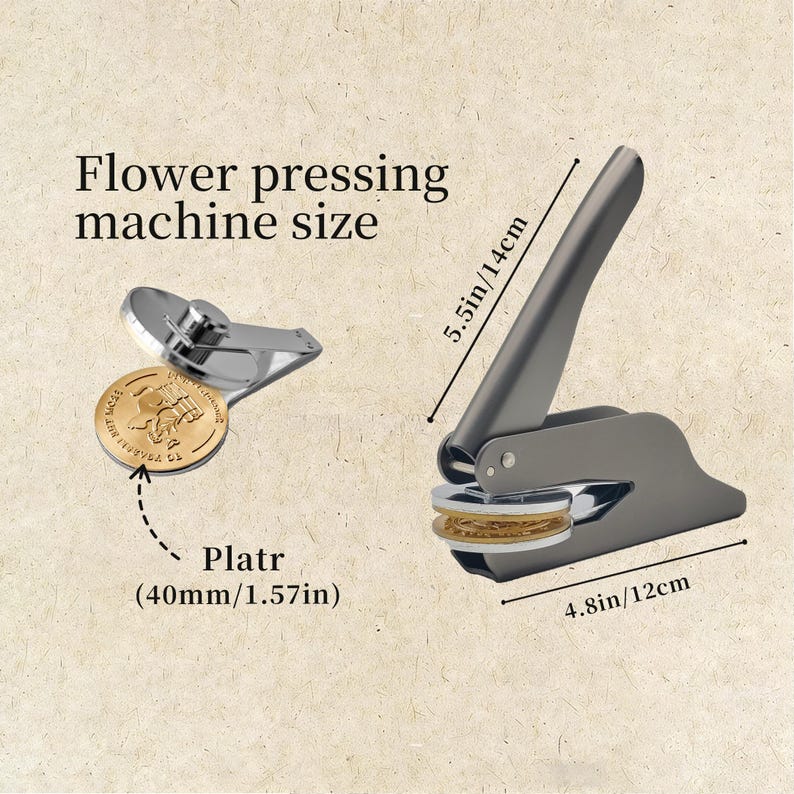 May include: A flower pressing machine with a silver and gray finish. The machine is 4.8 inches wide and 5.5 inches tall. The image also shows a pressed flower with a diameter of 1.57 inches. The text "Flower pressing machine size" is visible.