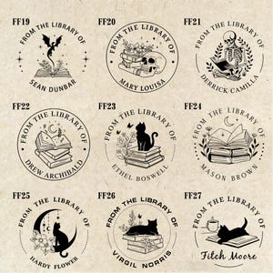 May include: A collection of nine circular library stamps with various designs. Each stamp features the text "From the Library of" and a name. Designs include a dragon, skull, skeleton, cat, books, and floral elements.
