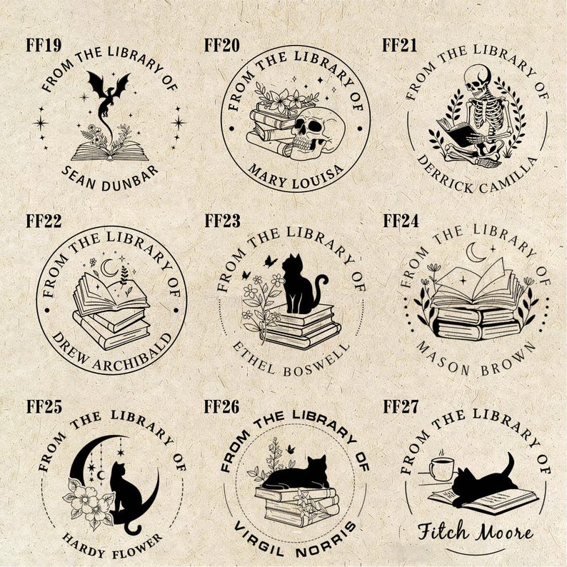 May include: A collection of nine circular library stamps with various designs. Each stamp features the text "From the Library of" and a name. Designs include a dragon, skull, skeleton, cat, books, and floral elements.