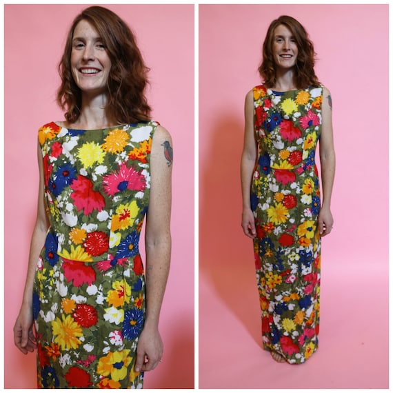 1950s Floor Length Floral Cotton Dress