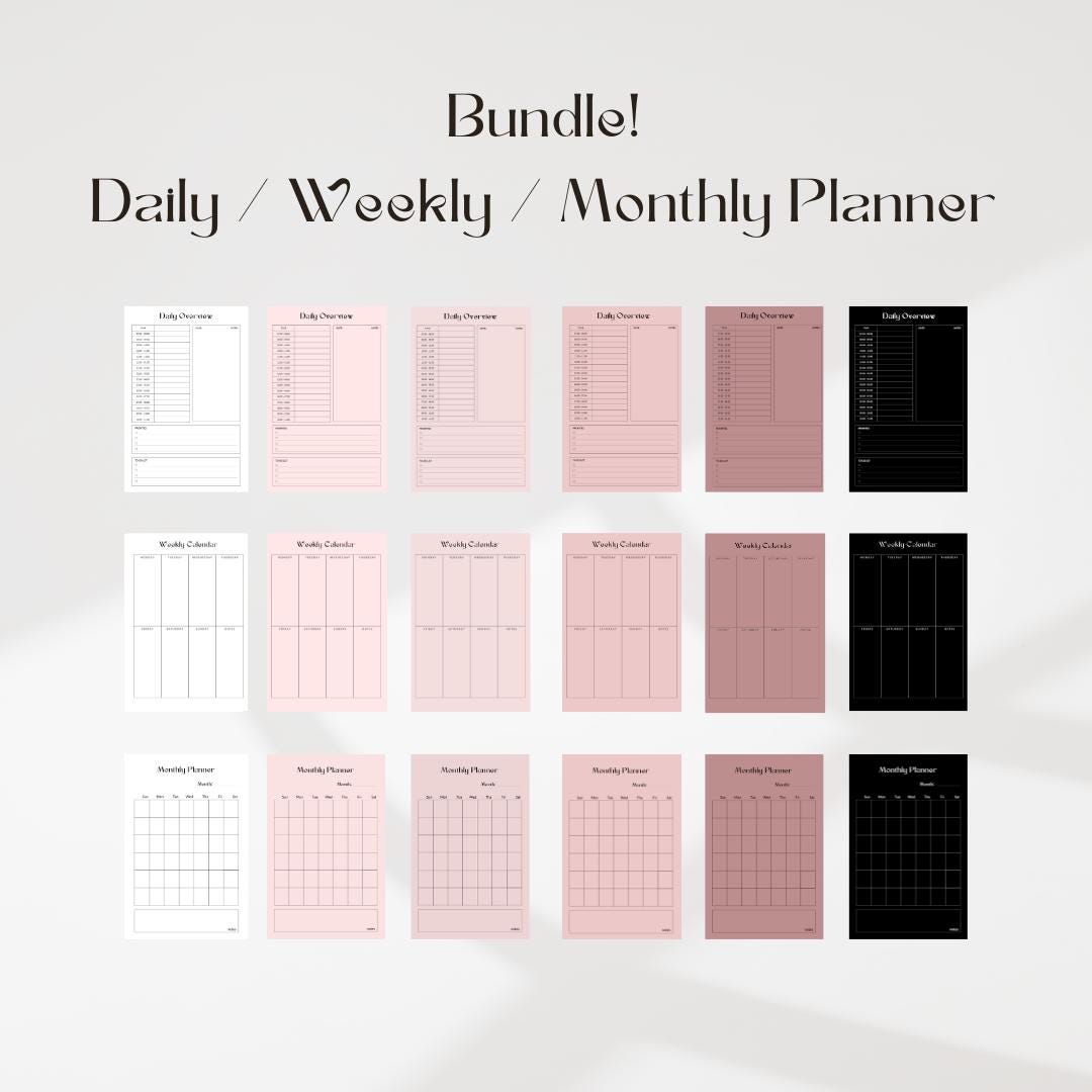 Minimalist Daily, Weekly & Monthly Planner Bundle in 6 Colors (undated ...