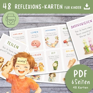 Puede incluir: Un conjunto de 48 tarjetas de reflexión para niños, con ilustraciones coloridas y preguntas. Las tarjetas cubren temas como el aprendizaje, la relajación y compartir. La imagen incluye un niño sonriente y el texto "PDF 6 páginas 48 tarjetas."