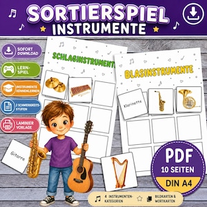 以下が含まれることがあります： SORTIERSPIEL INSTRUMENTEと題された印刷可能な教育用仕分けゲームで、打楽器と管楽器用の2枚のワークシートが含まれています。サックス、ハープ、シンバル、木琴のイラストカードと、漫画のキャラクターがセットになっています。