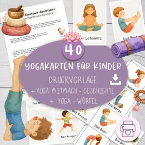 40 Kinderyoga Karten + Yoga Würfel Vorlage + Yoga Geschichte