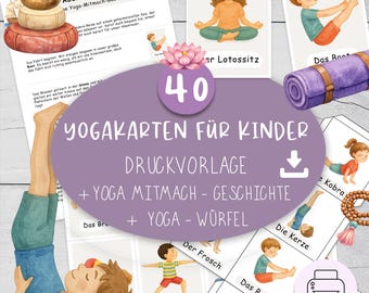 40 tarjetas de yoga para niños + plantilla de dados de yoga + cuento de yoga