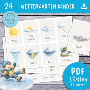 Puede incluir: Un conjunto de 24 tarjetas meteorológicas para niños, con ilustraciones de condiciones climáticas como soleado, nublado, ventoso y tormentoso. Las tarjetas incluyen texto en alemán como "Sonnig" y "Gewitter". Se muestra a un niño jugando en la nieve.
