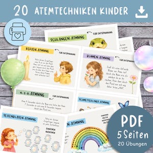 May include: A collection of illustrated cards with German text, featuring breathing exercises for children. The cards have colorful illustrations of a candle, a frog, a flower, a butterfly, and a rainbow. The text includes the words "PDF" and "20 exercises."
